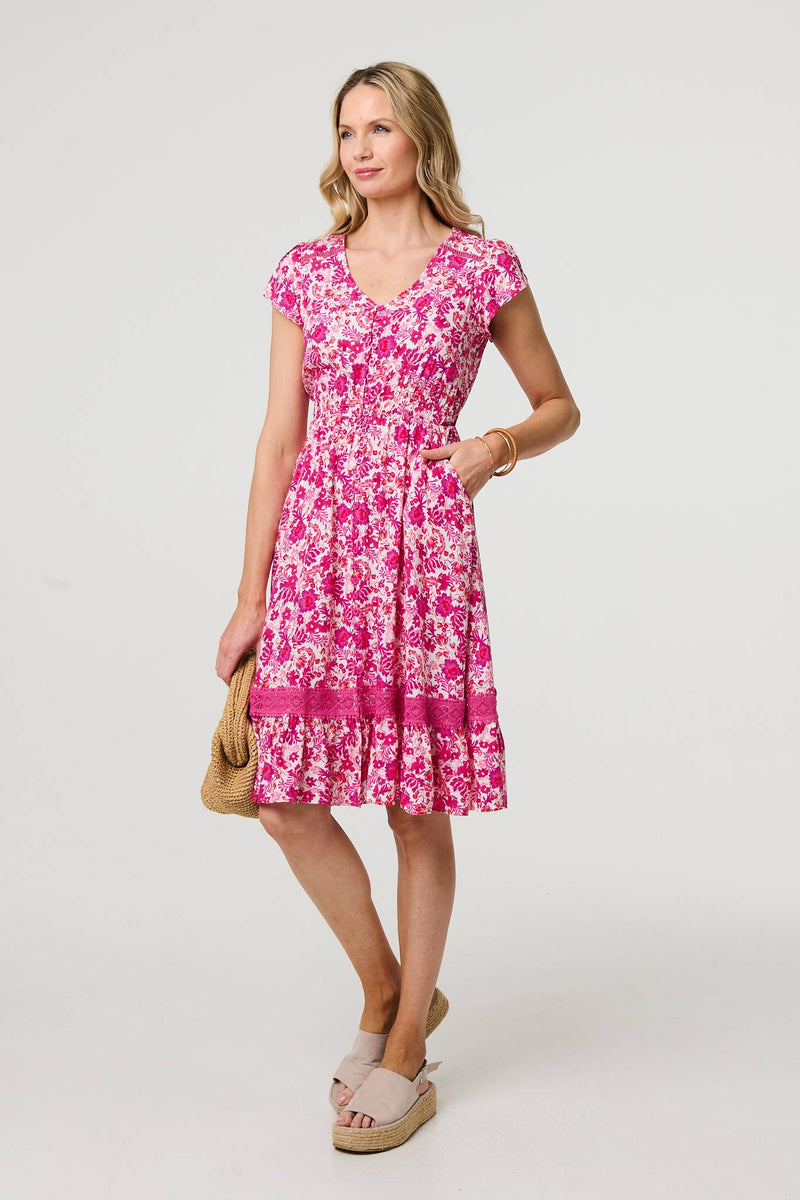 Floral Cap Sleeve Lace Trim Short Dress