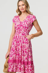 Floral Cap Sleeve Lace Trim Short Dress