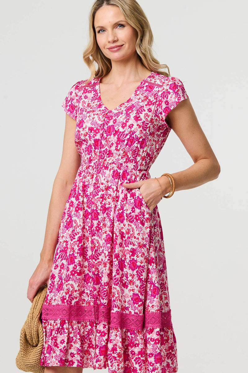 Floral Cap Sleeve Lace Trim Short Dress