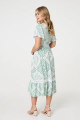 Mosaic Print Angel Sleeve Midi Dress