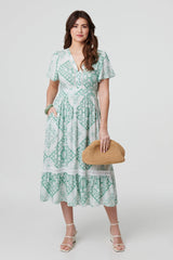 Mosaic Print Angel Sleeve Midi Dress