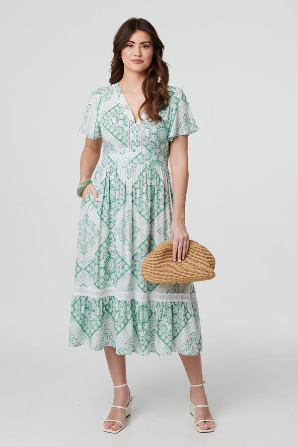 Mosaic Print Angel Sleeve Midi Dress