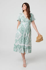 Mosaic Print Angel Sleeve Midi Dress