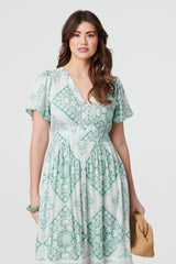 Mosaic Print Angel Sleeve Midi Dress