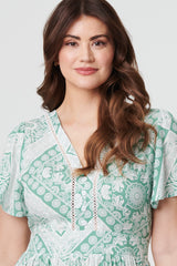 Mosaic Print Angel Sleeve Midi Dress