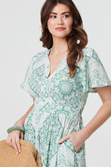 Mosaic Print Angel Sleeve Midi Dress