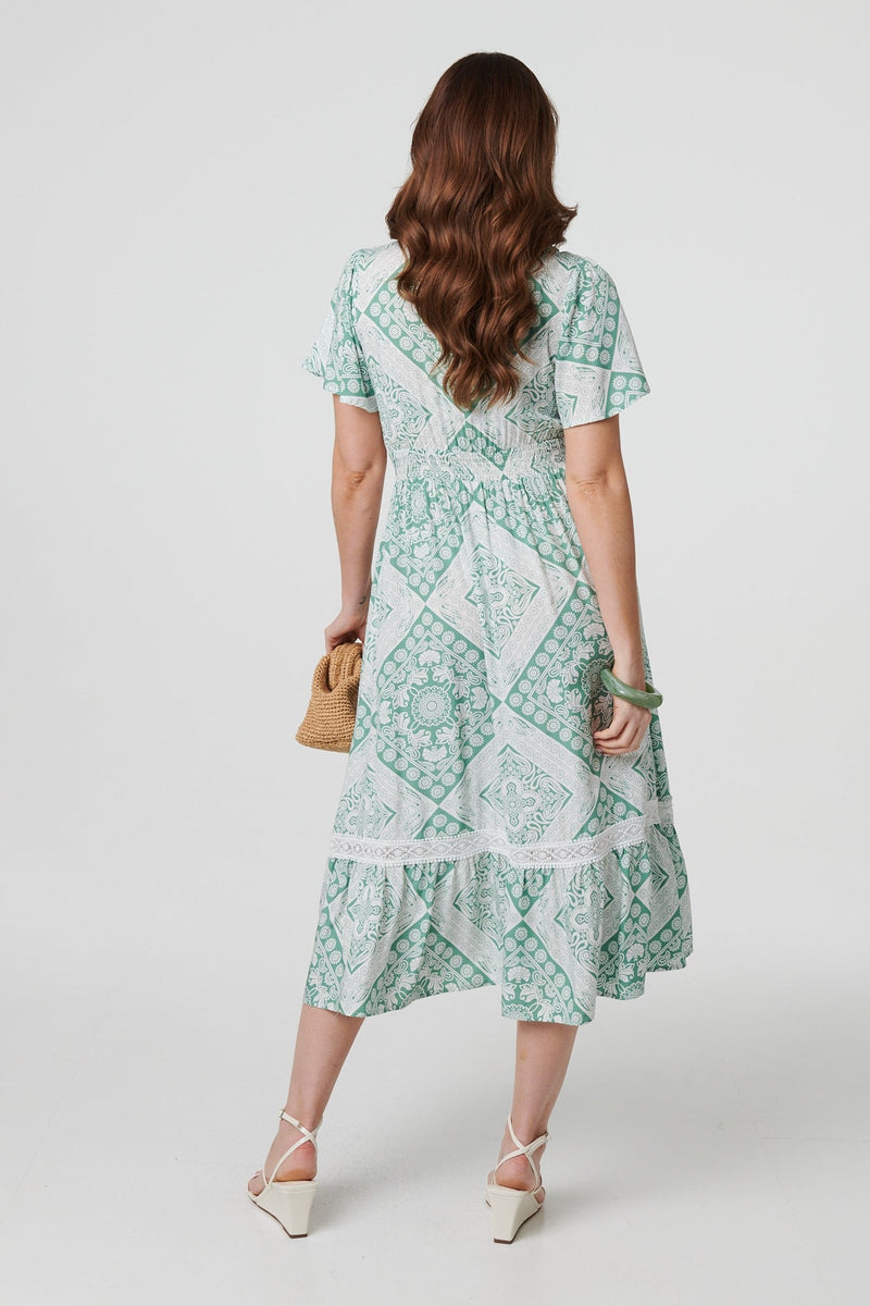 Mosaic Print Angel Sleeve Midi Dress