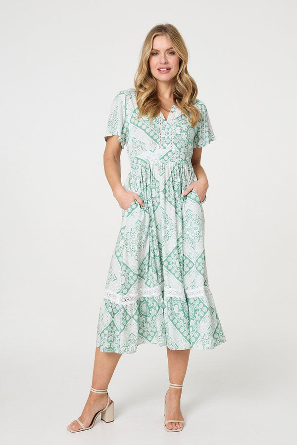 Mosaic Print Angel Sleeve Midi Dress