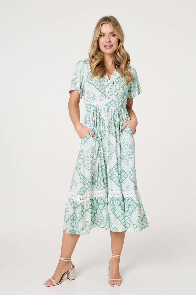 Mosaic Print Angel Sleeve Midi Dress