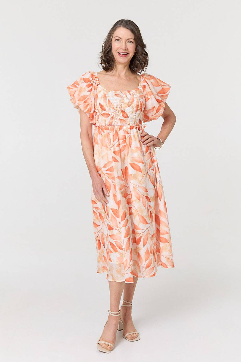 Leaf Print Short Puff Sleeve Midi Dress