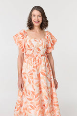 Leaf Print Short Puff Sleeve Midi Dress