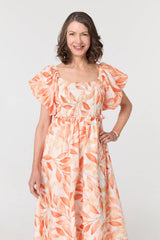 Leaf Print Short Puff Sleeve Midi Dress