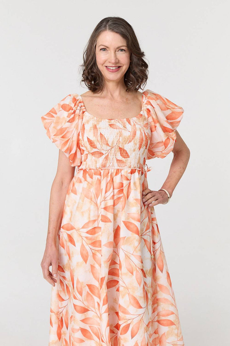 Leaf Print Short Puff Sleeve Midi Dress