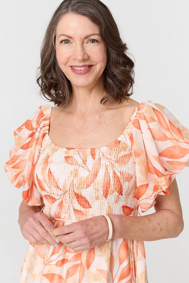 Leaf Print Short Puff Sleeve Midi Dress