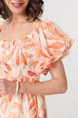 Leaf Print Short Puff Sleeve Midi Dress