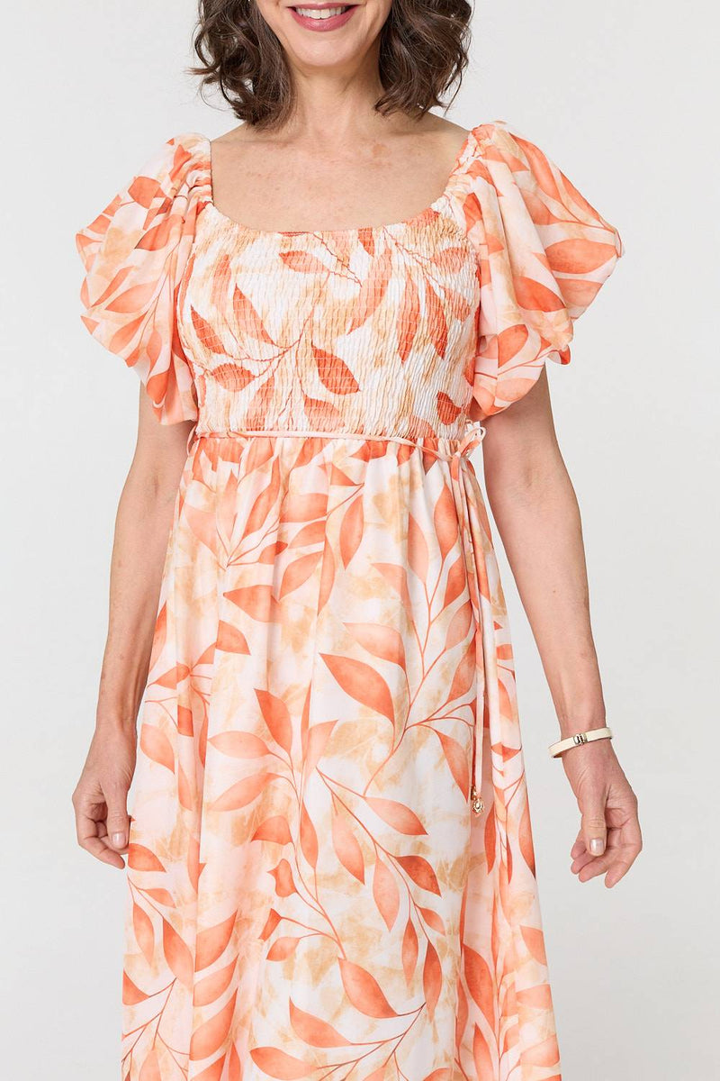 Leaf Print Short Puff Sleeve Midi Dress
