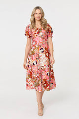 Floral Tie Neck Puff Sleeve Midi Dress