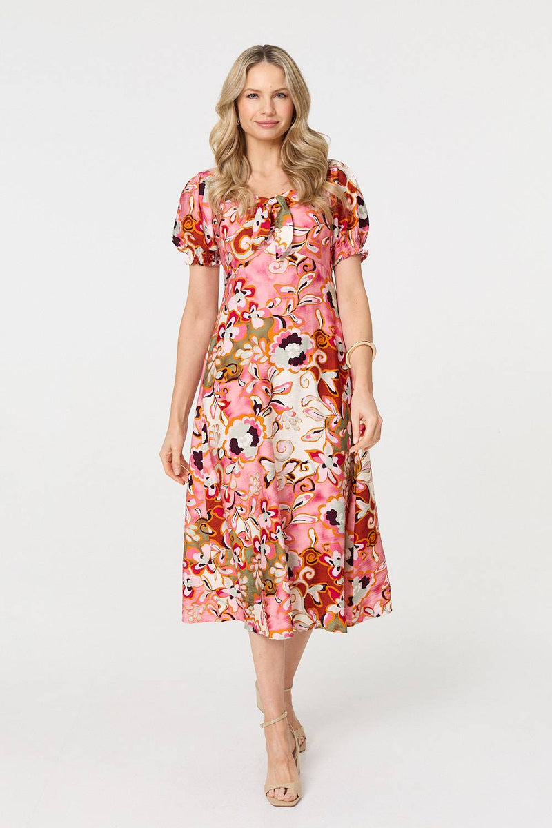 Floral Tie Neck Puff Sleeve Midi Dress