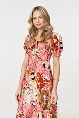 Floral Tie Neck Puff Sleeve Midi Dress