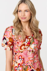 Floral Tie Neck Puff Sleeve Midi Dress