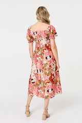 Floral Tie Neck Puff Sleeve Midi Dress