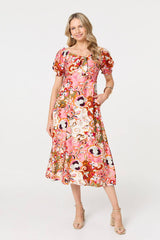 Floral Tie Neck Puff Sleeve Midi Dress
