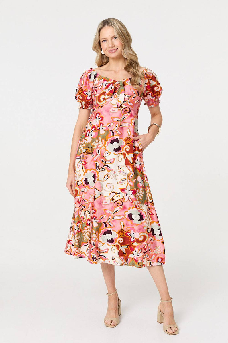 Floral Tie Neck Puff Sleeve Midi Dress