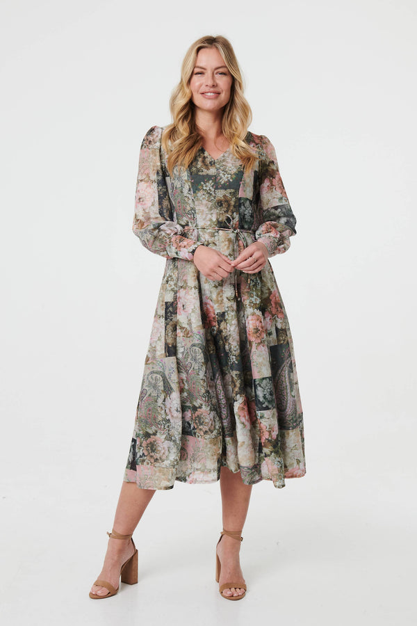 Patchwork Print Tie Waist Midi Dress