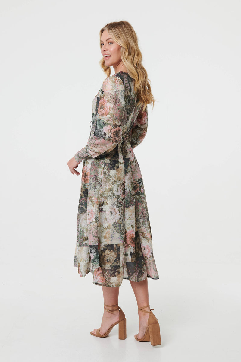 Patchwork Print Tie Waist Midi Dress