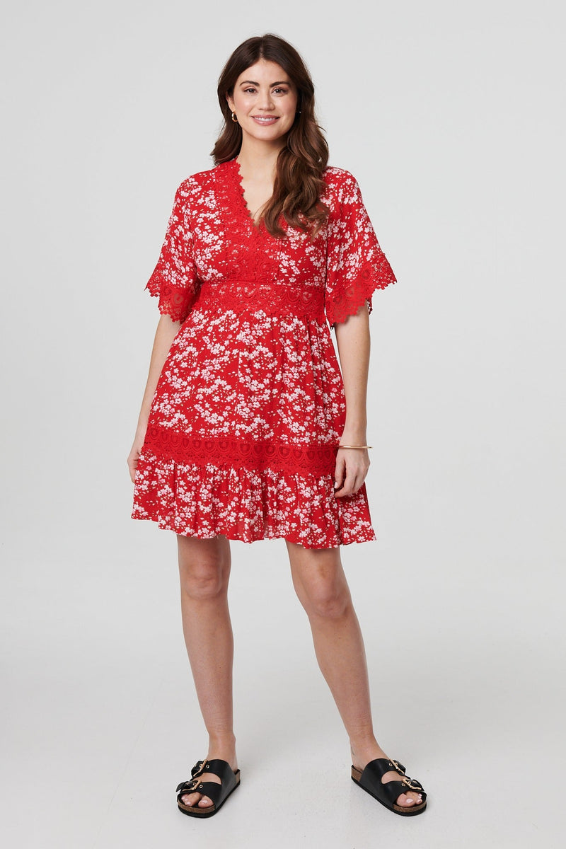 Floral Lace Trim 1/2 Sleeve Mini Dress