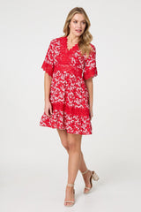 Floral Lace Trim 1/2 Sleeve Mini Dress