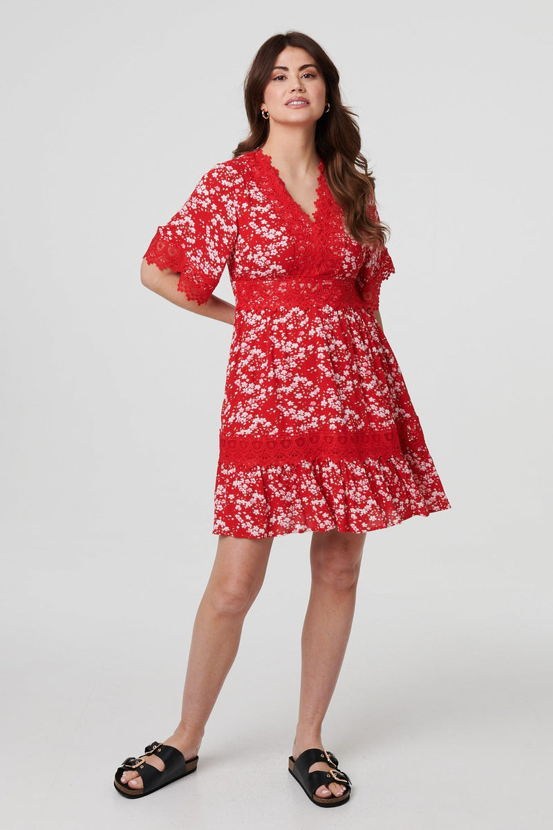 Floral Lace Trim 1/2 Sleeve Mini Dress