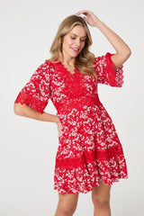 Floral Lace Trim 1/2 Sleeve Mini Dress