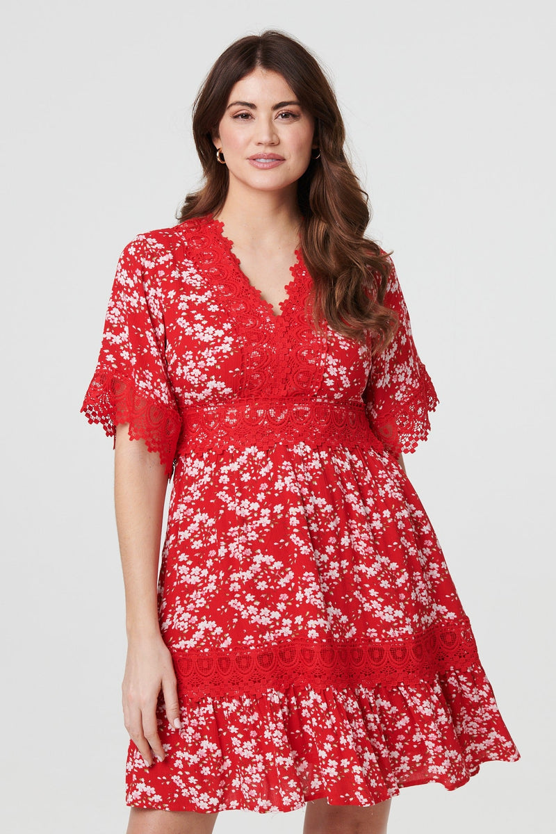 Floral Lace Trim 1/2 Sleeve Mini Dress