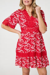 Floral Lace Trim 1/2 Sleeve Mini Dress