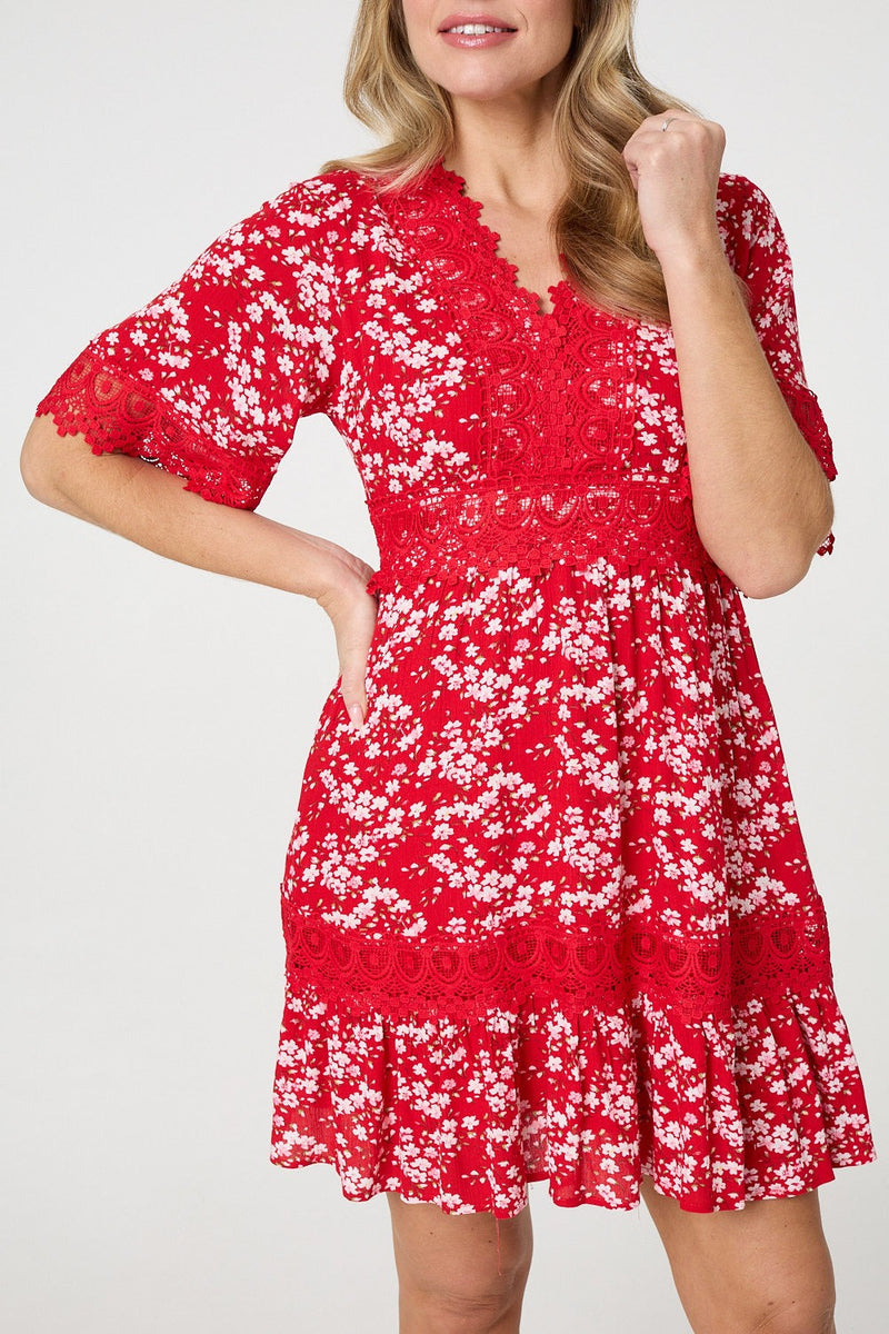 Floral Lace Trim 1/2 Sleeve Mini Dress