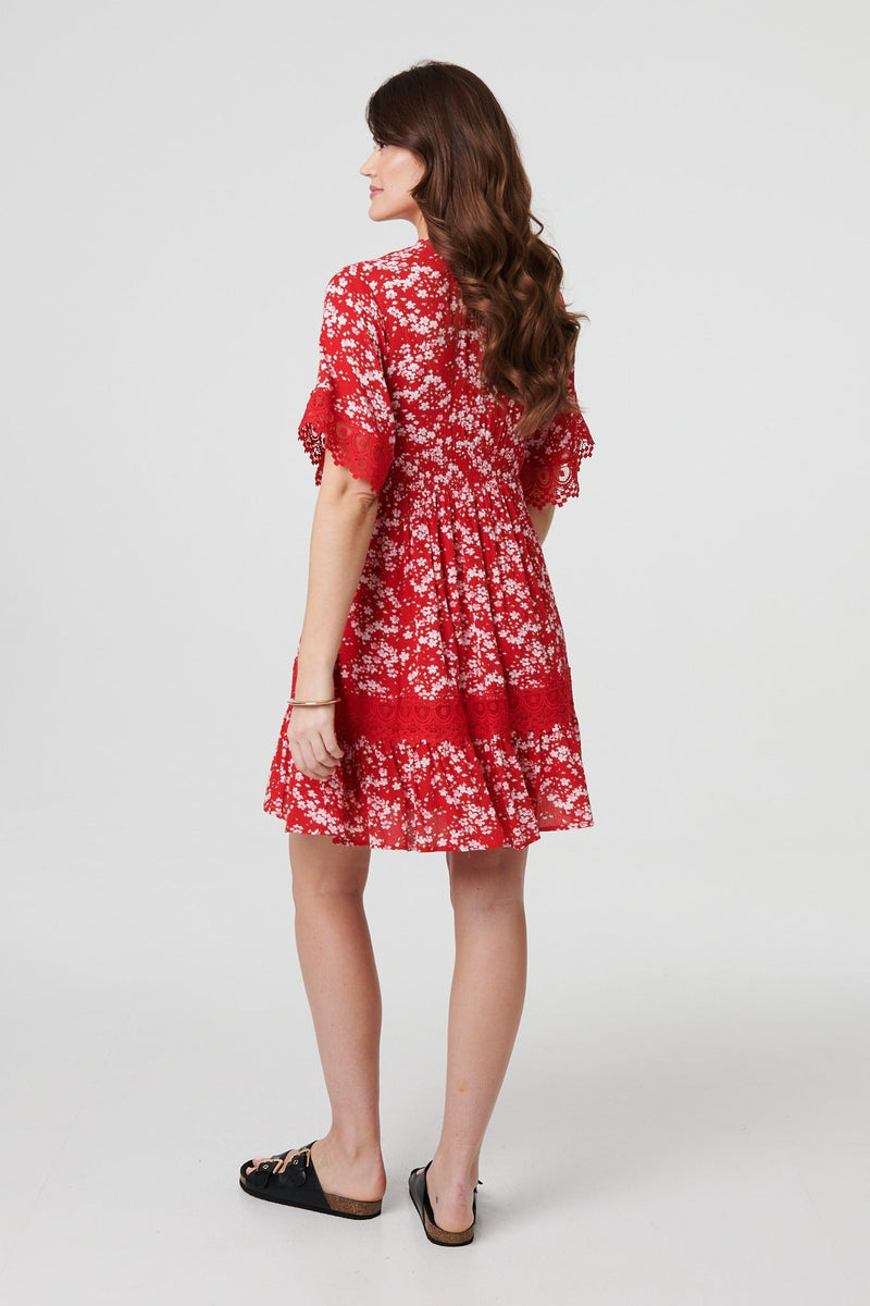 Floral Lace Trim 1/2 Sleeve Mini Dress