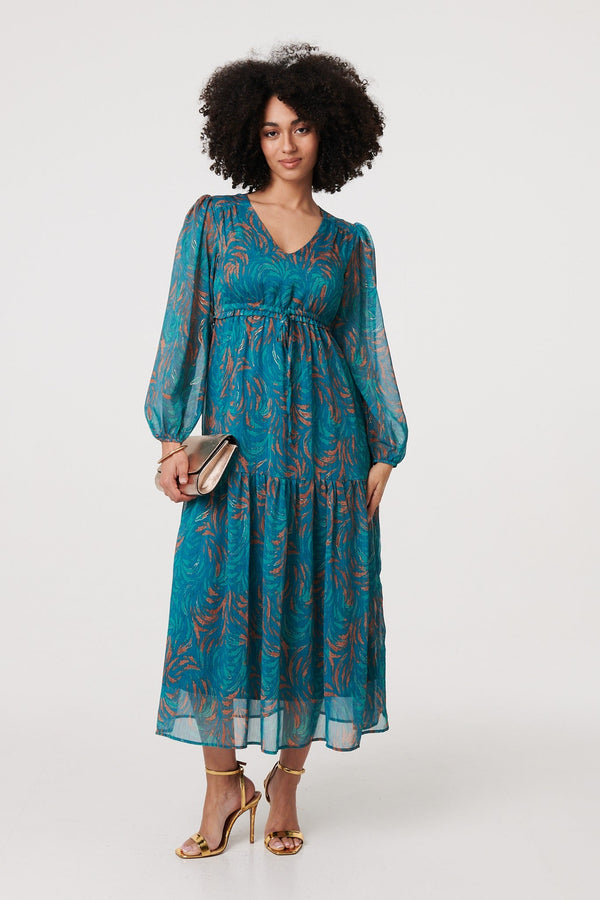 Leaf Print Sheer Tie Waist Maxi Dress