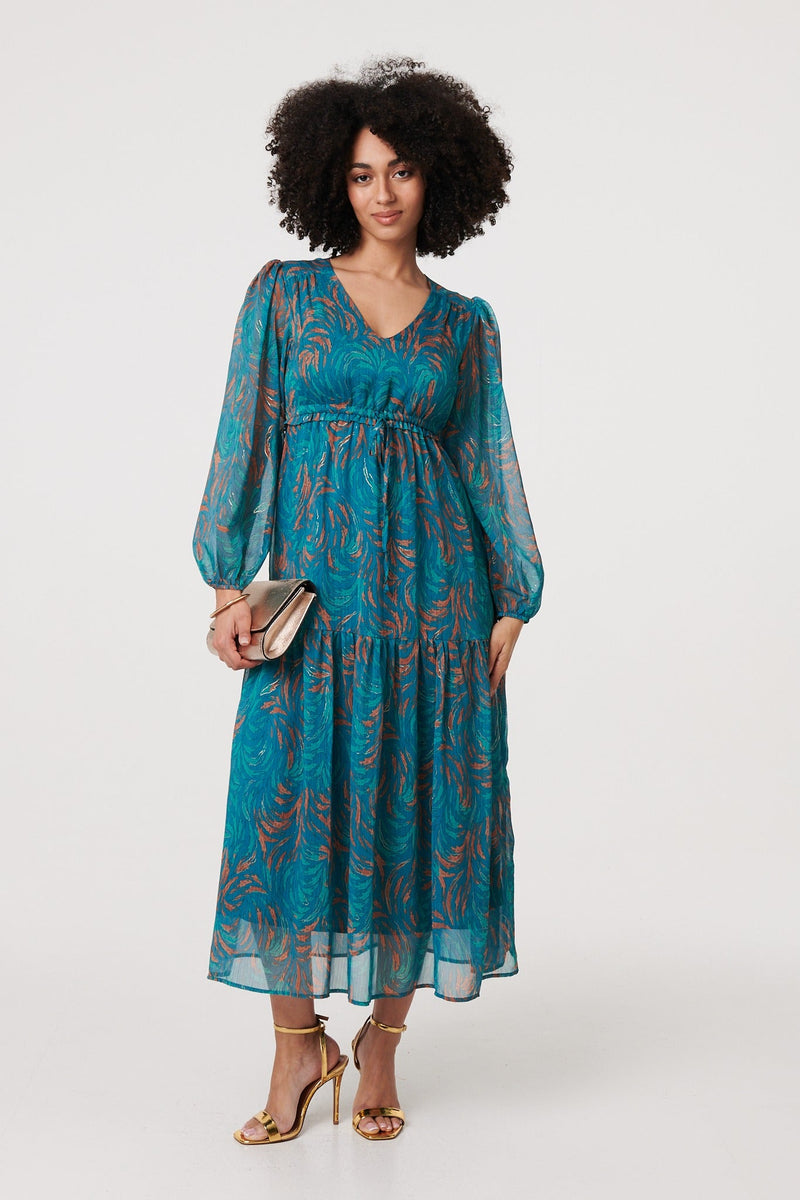 Leaf Print Sheer Tie Waist Maxi Dress