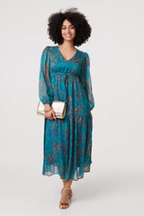 Leaf Print Sheer Tie Waist Maxi Dress