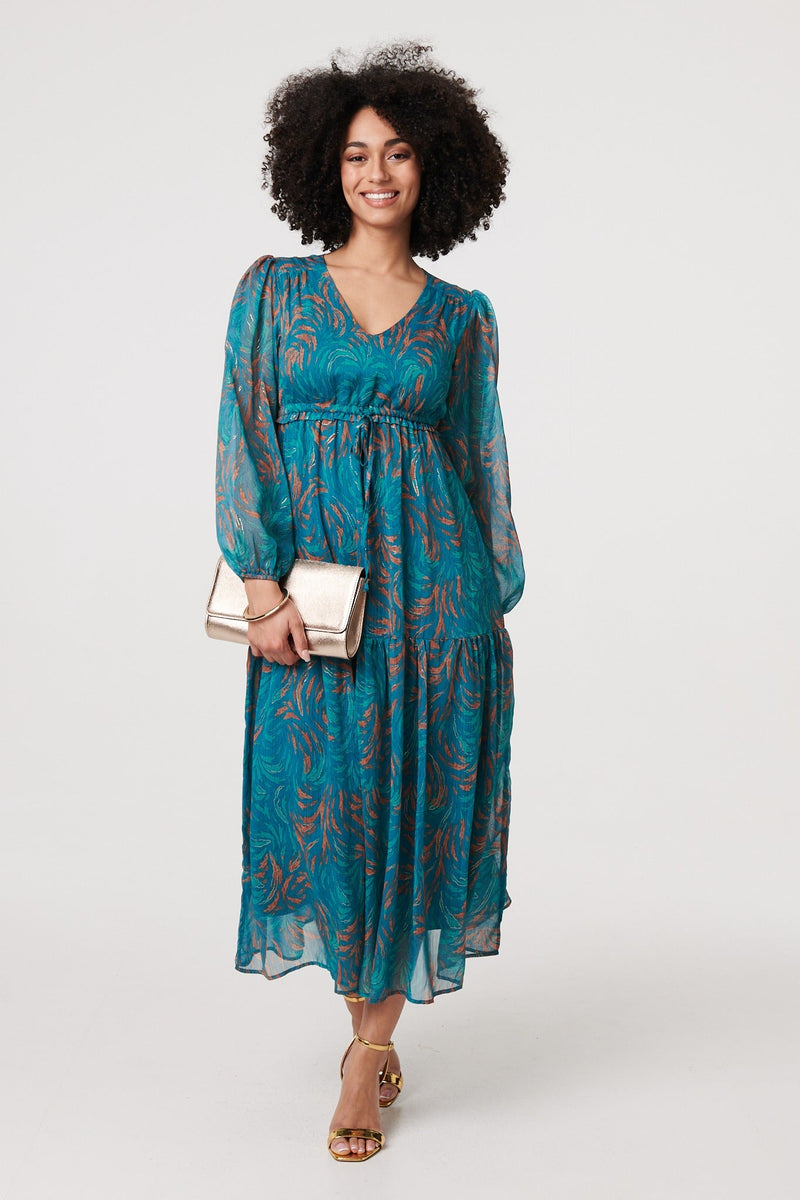 Leaf Print Sheer Tie Waist Maxi Dress