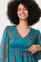 Leaf Print Sheer Tie Waist Maxi Dress