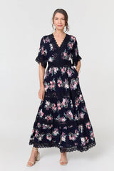 Floral Lace Tiered 3/4 Sleeve Maxi Dress