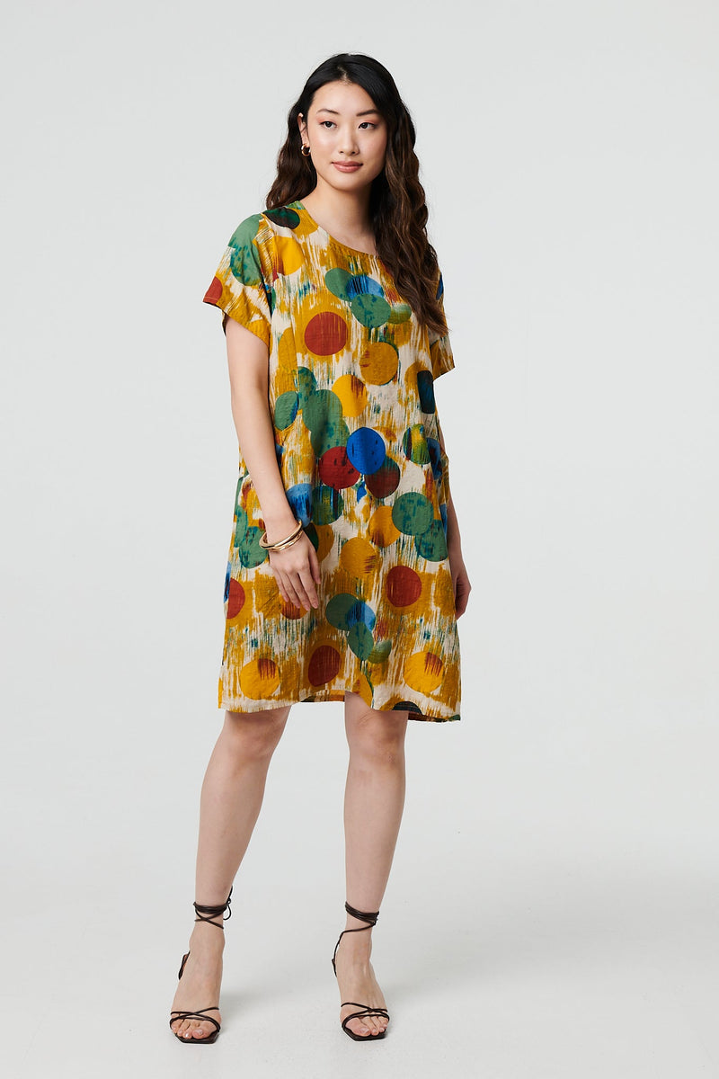 Geo Print Short Sleeve Knee Length Dress