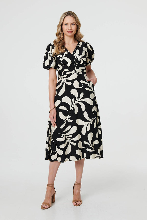 Leaf Print Puff Sleeve Wrap Midi Dress
