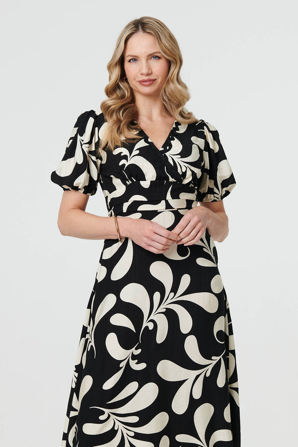 Leaf Print Puff Sleeve Wrap Midi Dress