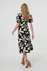 Leaf Print Puff Sleeve Wrap Midi Dress