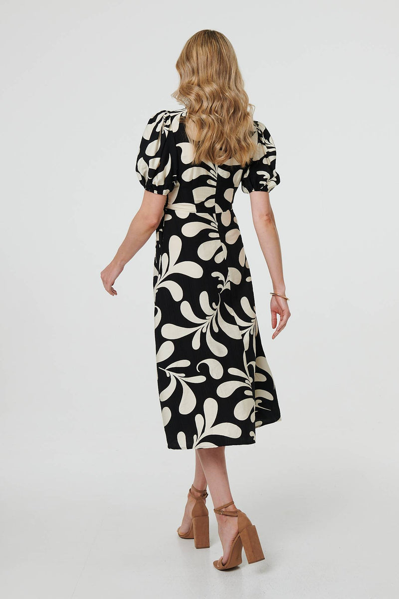 Leaf Print Puff Sleeve Wrap Midi Dress