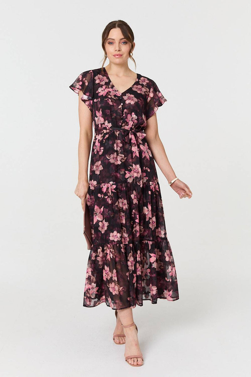 Floral Angel Sleeve Tie Waist Maxi Dress