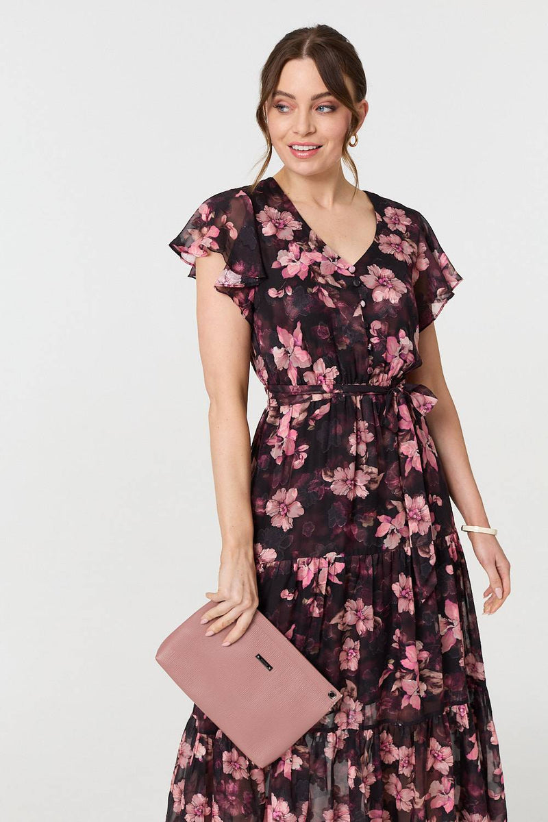 Floral Angel Sleeve Tie Waist Maxi Dress